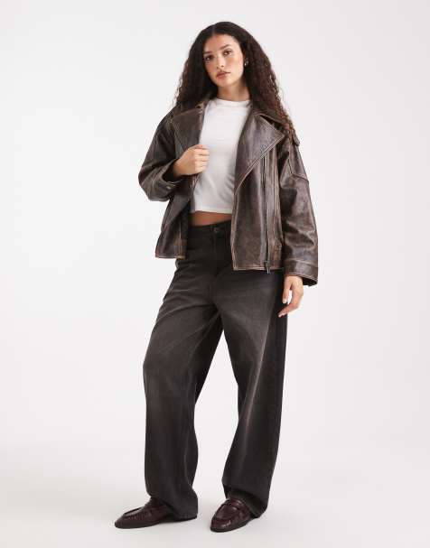 ASOS DESIGN - Oversized bikerjack van leer met doorgestikte voering in bruin met wassing - view 1