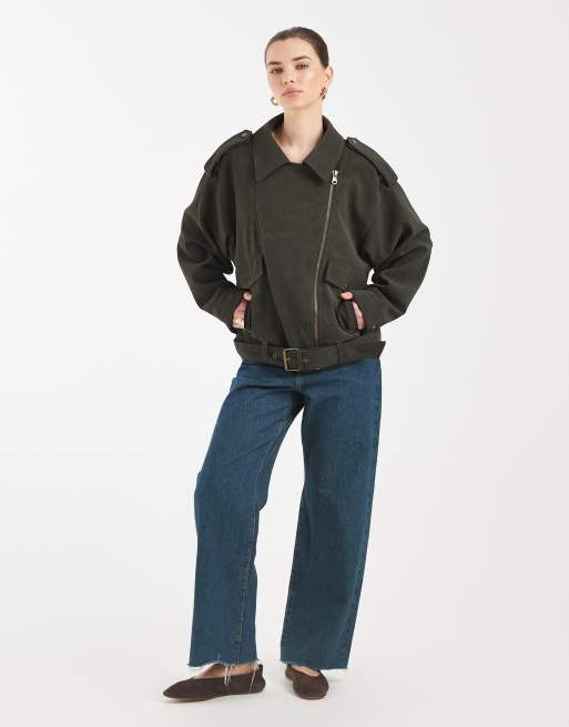 ASOS DESIGN - Oversized bikerjack van leerlook in kaki, 2 van 4