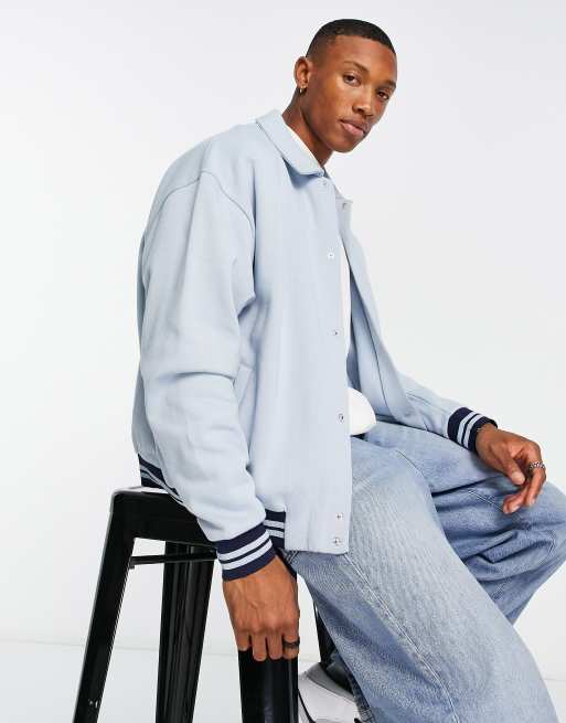 ASOS DESIGN - Oversized blå Harrington-jakke i jersey med varsity-print 