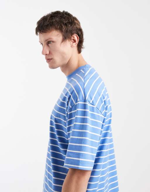 ASOS DESIGN - Oversized blå T-shirt med råhvide striber, 4 af 5