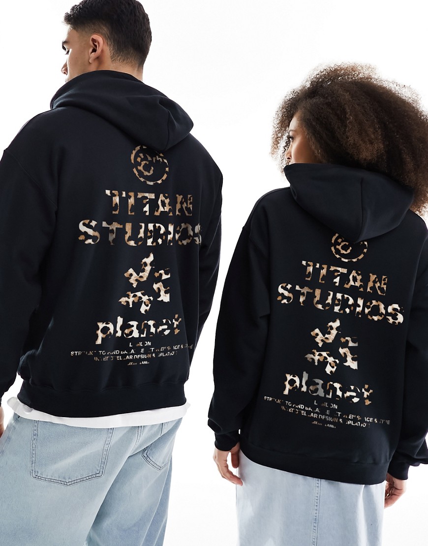 Asos Design Oversized Black Hoodie With Leopard Print Text Graphics