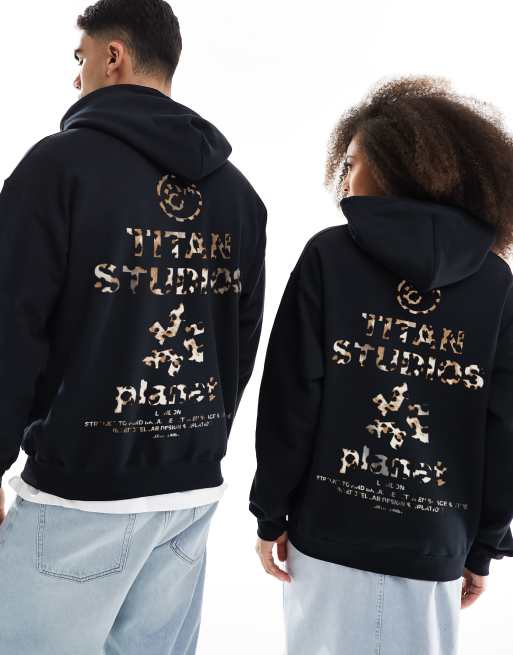 ASOS DESIGN oversized black hoodie with leopard print text graphics