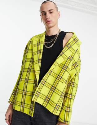 asos design -  – Oversized-Blazer mit tief angesetzter Schulter mit Vichy-Karos in leuchtendem Gelb