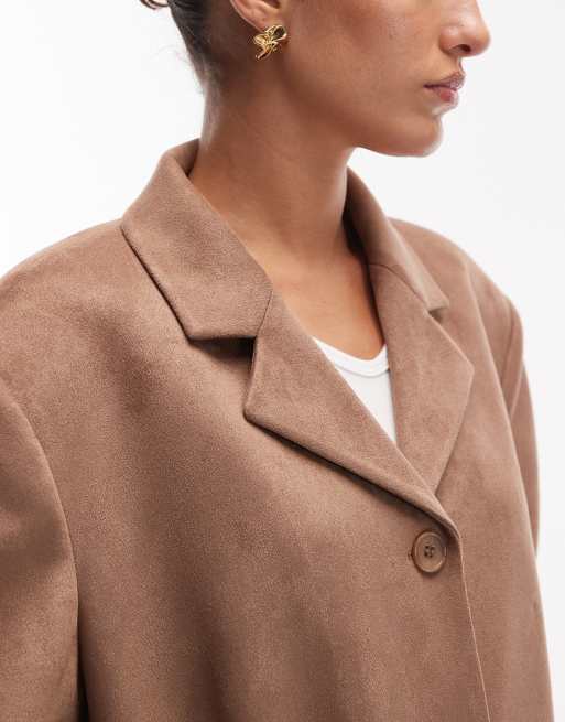 ASOS DESIGN - Oversized blazer van imitatiesuède met hoge sluiting in beige, 2 van 4