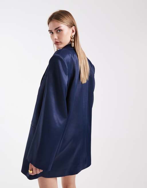 ASOS DESIGN - Oversized blazer van satijn met lange pasvorm in marineblauw, 4 van 4