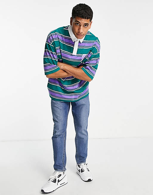 ASOS DESIGN oversized blue & green stripe polo t-shirt with city print