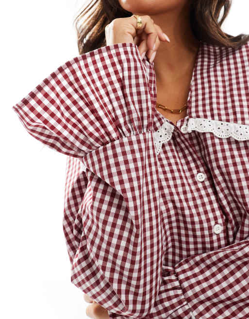 ASOS DESIGN - Oversized bluse med krave og røde gingham-tern, 3 af 4