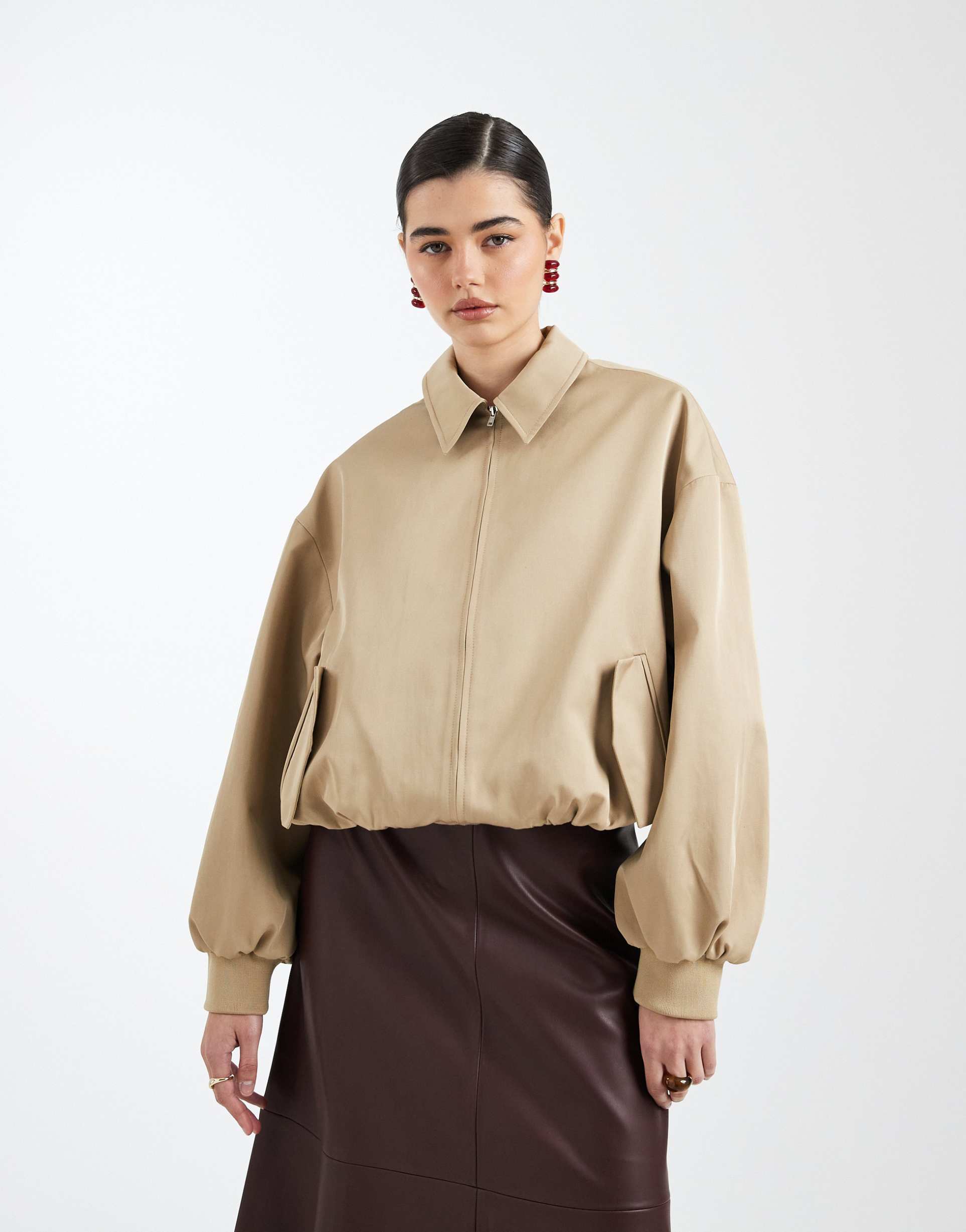 asos design oversized bomber jacket in beige