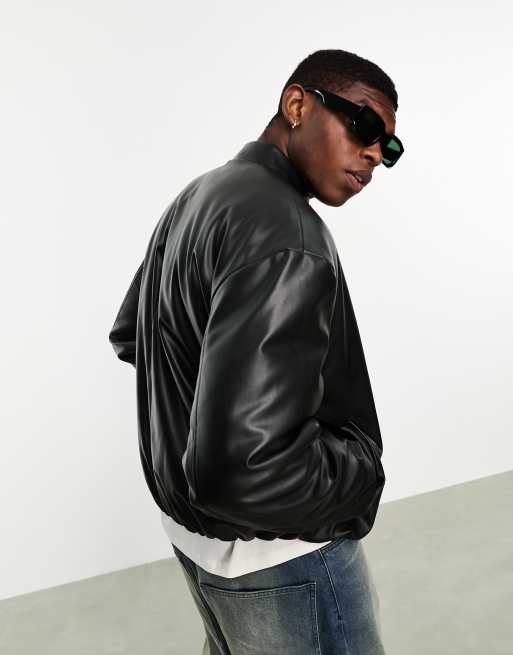 ASOS DESIGN oversized real varsity leather bomber jacket in black