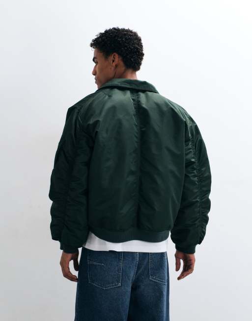 ASOS DESIGN oversized bomber jacket in dark green, 3 of 5