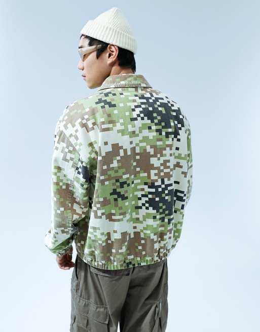 ASOS DESIGN oversized bomber jacket in glitch camo print in green ASOS