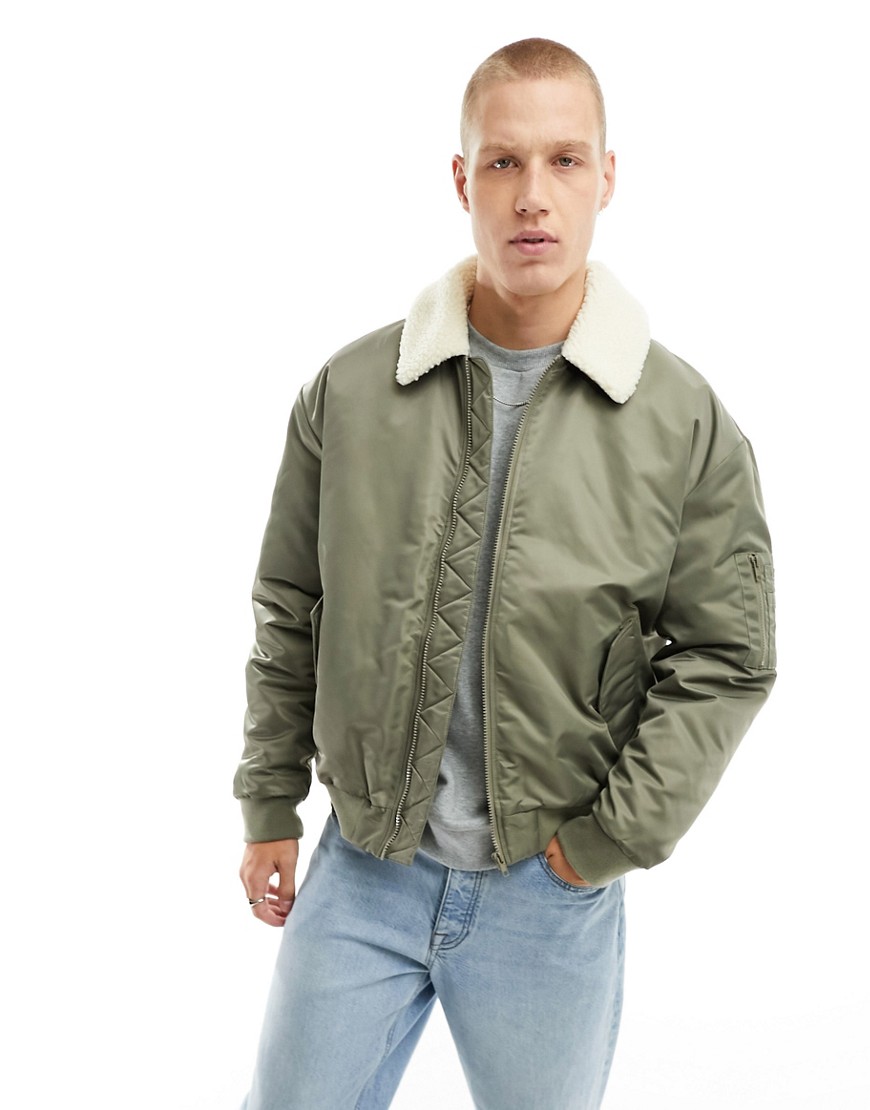ASOS DESIGN oversized bomber jacket in khaki with borg collar in ecru-Green