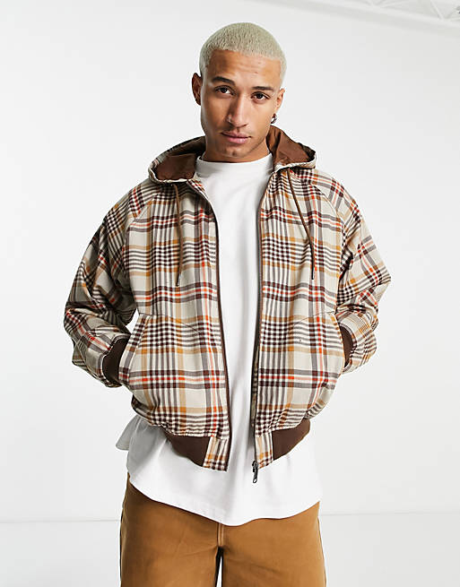 ASOS DESIGN oversized bomber jacket in neutral check with hood | ASOS