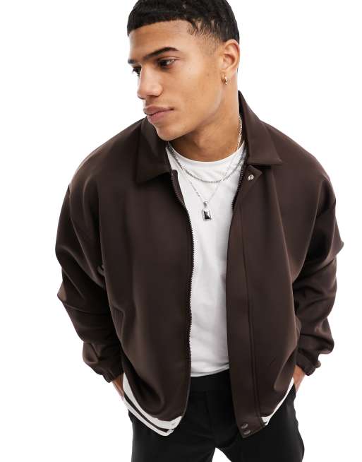 ASOS DESIGN oversized bomber jacket in scuba in brown | ASOS