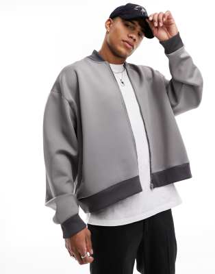 Asos Design Oversized Bomber Jacket In Scuba In Gray