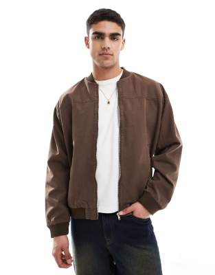 Asos Design Oversized Bomber Jacket In Washed Brown-black