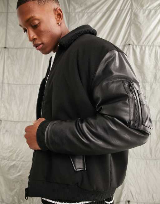 Mens leather bomber hot sale jacket with fleece collar