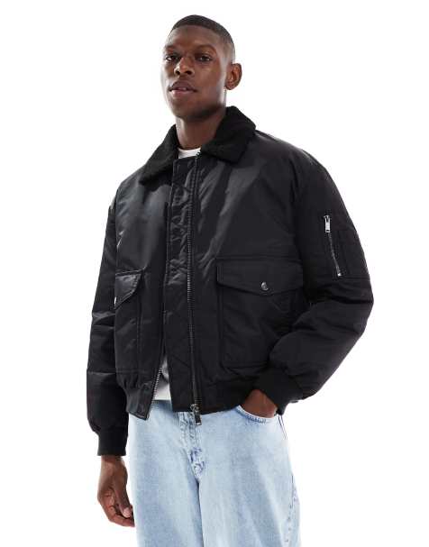 ASOS DESIGN oversized bomber jacket with borg fleece collar in black - view 1