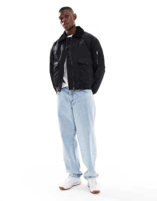 Asos Design Oversized Bomber Jacket With Borg Fleece Collar In Black