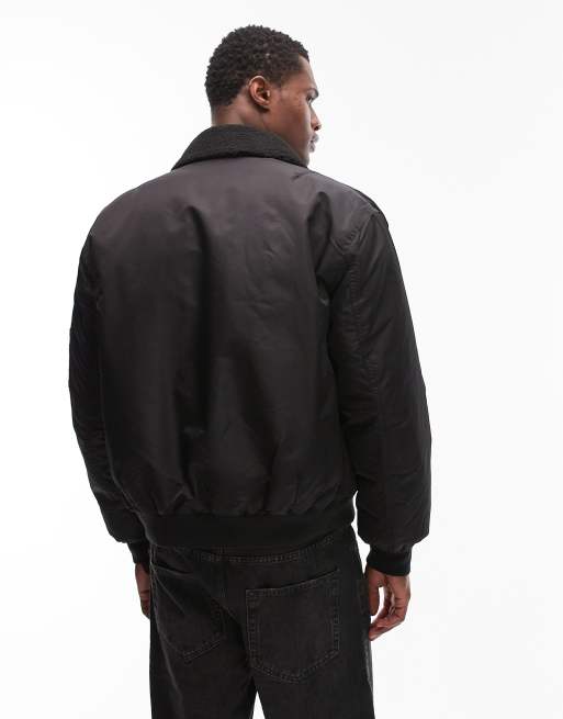 ASOS DESIGN oversized bomber jacket with borg fleece collar in black, 3 of 5