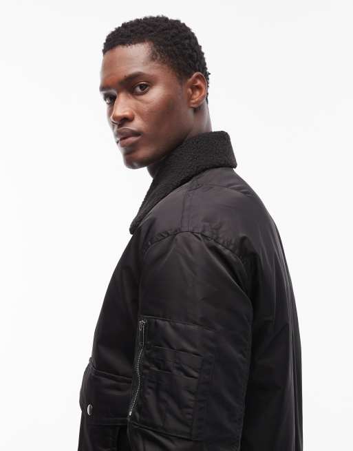 Leather Jacket Bomber Jacket Borg Collar ASOS DESIGN Oversized