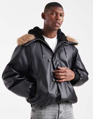 Asos Design Oversized Bomber Jacket With Faux Fur Hood In Black