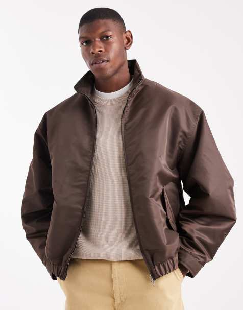 ASOS DESIGN oversized bomber jacket with funnel neck in brown - view 1