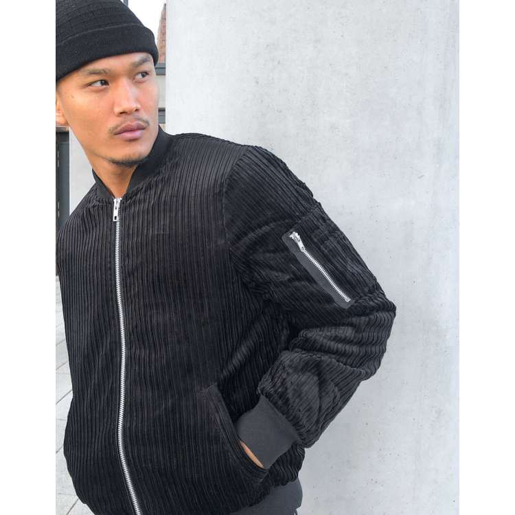 ASOS DESIGN oversized bomber jacket with MA1 pocket in black corduroy