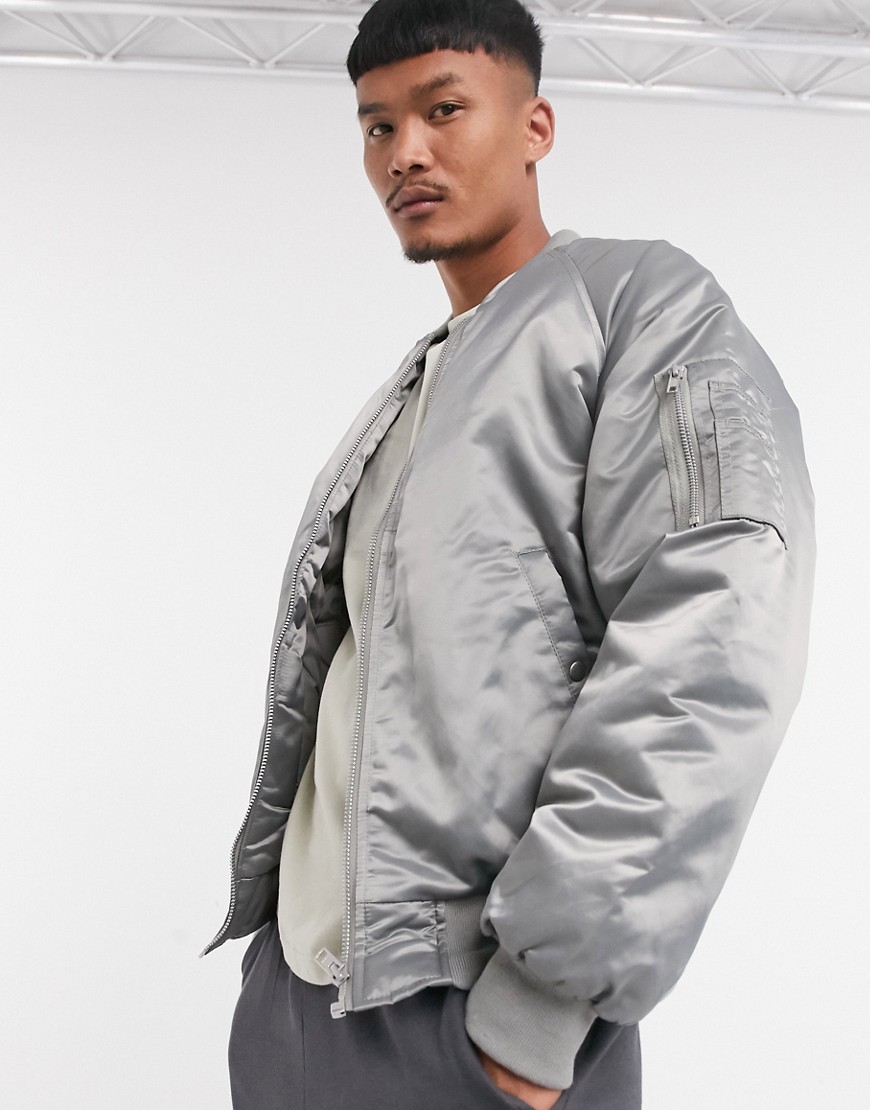 ASOS DESIGN oversized bomber jacket with MA1 pocket in hi-shine gray