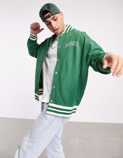 ASOS DESIGN oversized varsity jacket with real leather sleeves in green