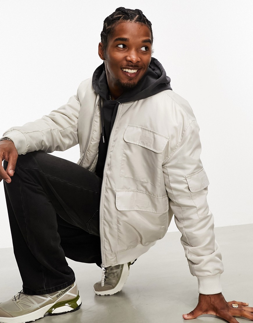 Shop Asos Design Oversized Bomber Jacket With Utility Pockets In Stone-neutral