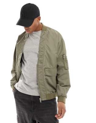 Asos Design Oversized Bomber Jacket With V Neck In Green