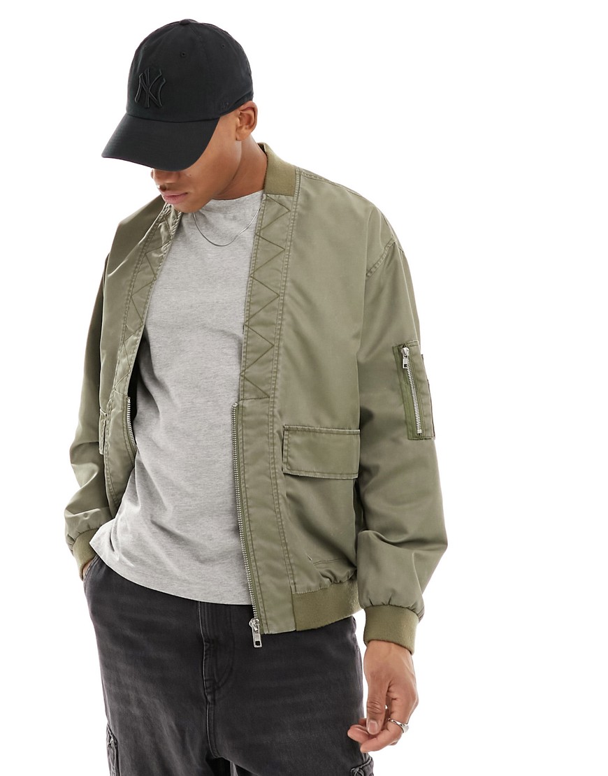 ASOS DESIGN oversized bomber jacket with v neck in khaki-Green