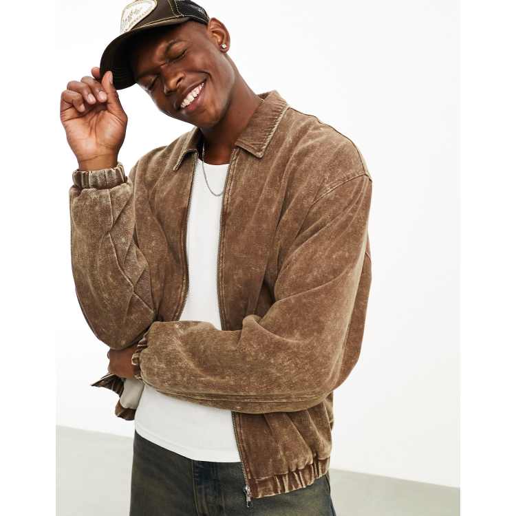 ASOS DESIGN oversized bomber jacket with wash in brown ASOS