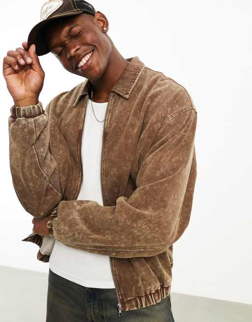 ASOS DESIGN oversized bomber jacket with wash in brown