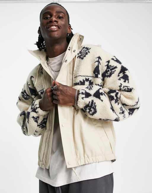 ASOS DESIGN - Oversized bomber-jakke med aztekerprint i beige, imiteret lammeskind