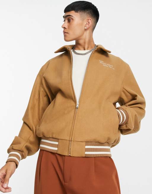 ASOS DESIGN - Oversized bomber-jakke med college-detaljer i gyldenbrun uldblanding
