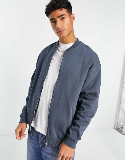 ASOS DESIGN oversized bomber jersey jacket in dark blue | ASOS