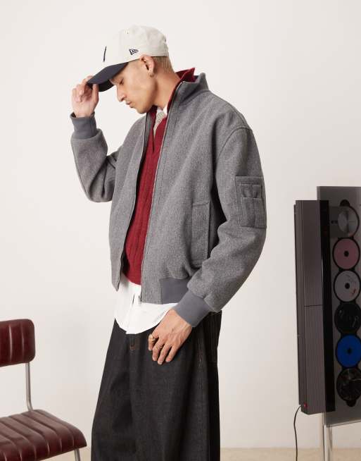 ASOS DESIGN - Oversized bomberjack met wollook en opstaande boord in grijs