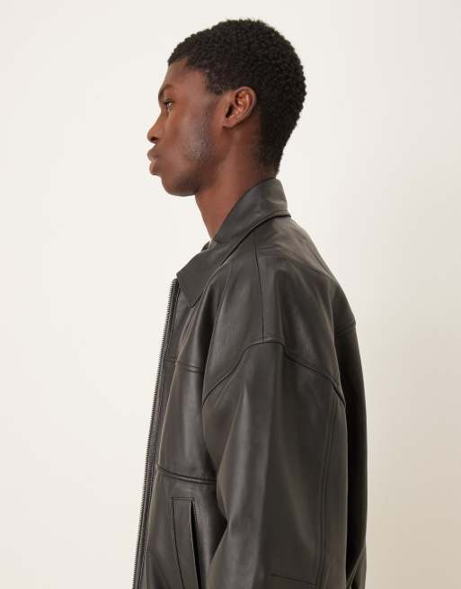 ASOS DESIGN - Oversized bomberjack van echt leer in zwart, 4 van 5
