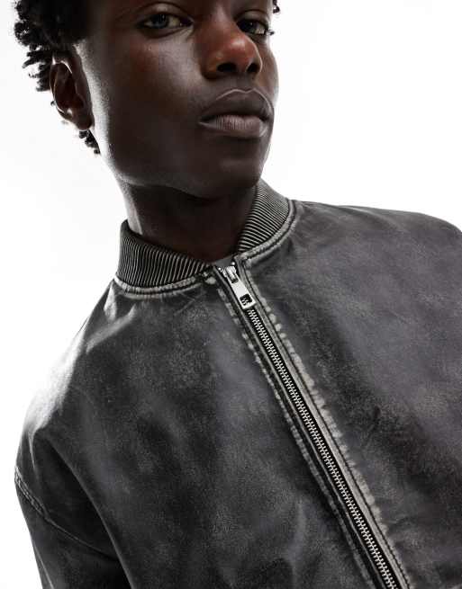 ASOS DESIGN - Oversized bomberjack van echt premium leer met distressed details in zwart, 3 van 4