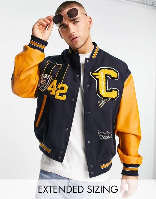 ASOS DESIGN - Oversized bomberjack van wolachtig materiaal met contrasterende kunstleren mouwen in collegestijl in marineblauw