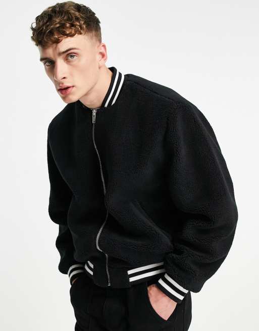 ASOS DESIGN - Oversized bomberjakke i sort imiteret lammeskind
