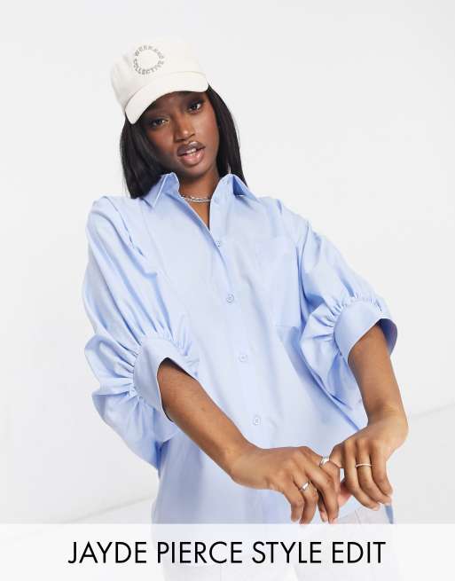 ASOS DESIGN - Oversized bomuldsskjorte med volumenærmer i 3 / 4 i blå