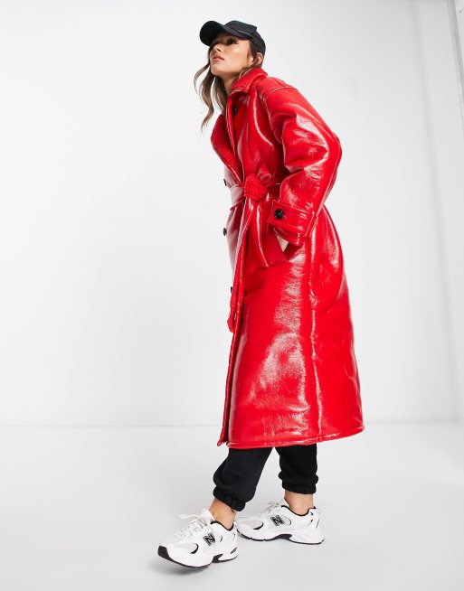 ASOS DESIGN oversized bonded borg and vinyl trench coat in red