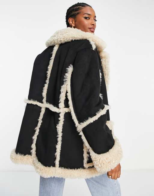 Topshop oversized coat with cheap borg trim in black