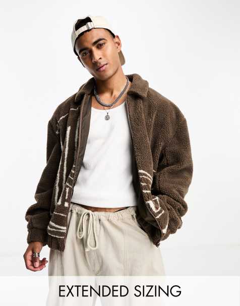 ASOS DESIGN oversized borg bomber jacket with scenic print in brown - view 1