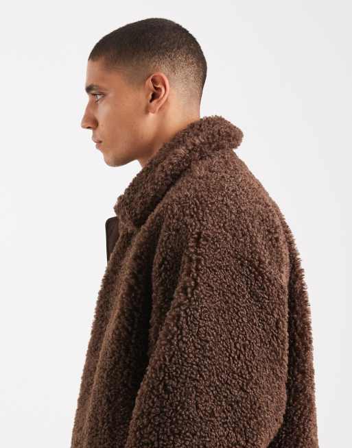 ASOS DESIGN oversized borg coach jacket in brown, 4 of 5