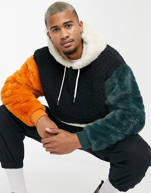 ASOS DESIGN oversized borg & faux fur hoodie in colour blocking