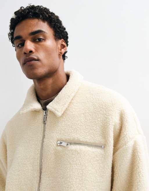 ASOS DESIGN oversized borg-fleece jakke med lynlås i ecru, 2 af 5